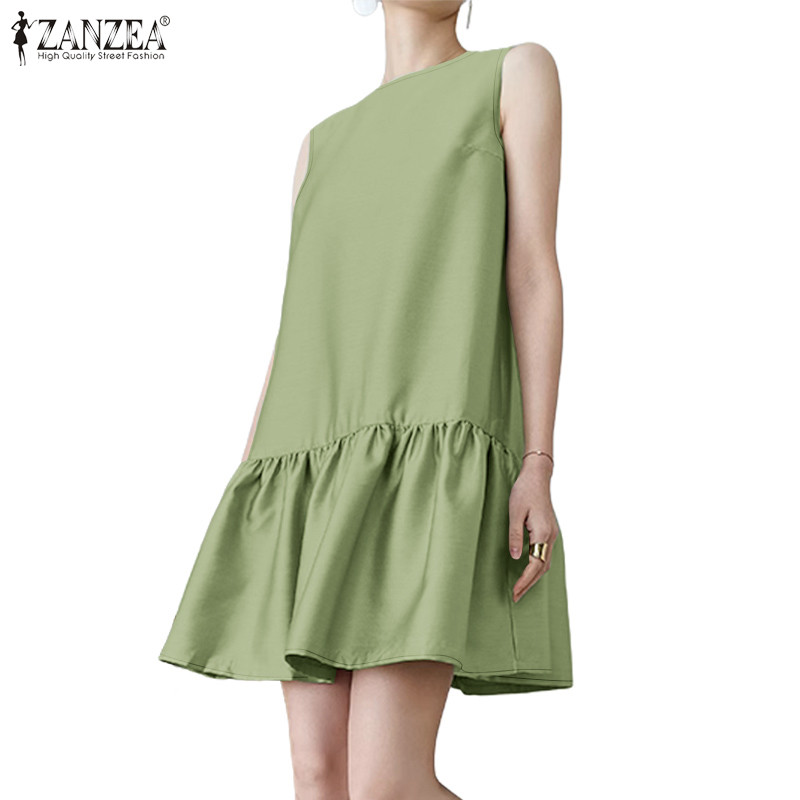 ZANZEA Celmia ผู้หญิงวันหยุดแขนกุด U คอ Ruffle สีทึบซาตินชุดเดรส