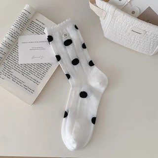 สไตล์ญี่ปุ่นเชื้อราขอบบางสไตล์ Polka Dot ลายถุงเท้ากลางหลอด Simple Sweet All-Match