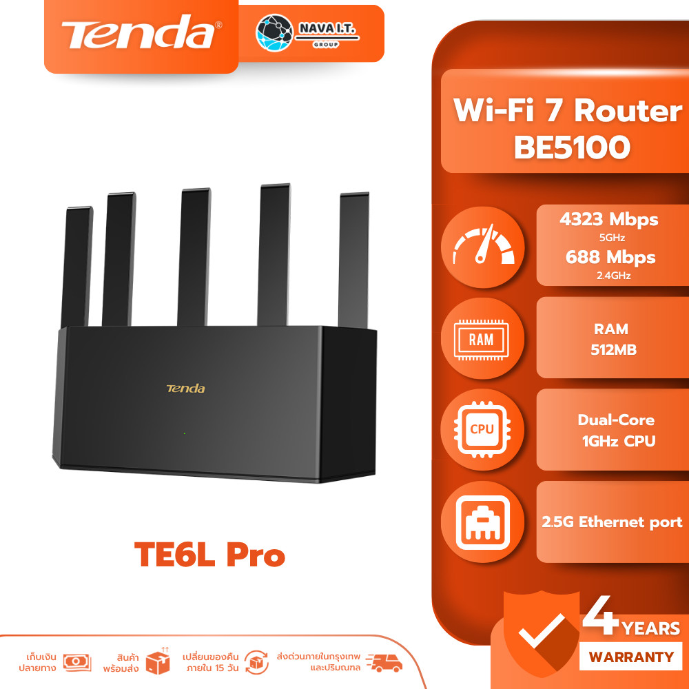🛵มีส่งด่วน💨 Tenda (TE6L Pro) BE5100 Dual-Band Wi-Fi 7 Router (2.5GE) รับประกัน 4 ปี