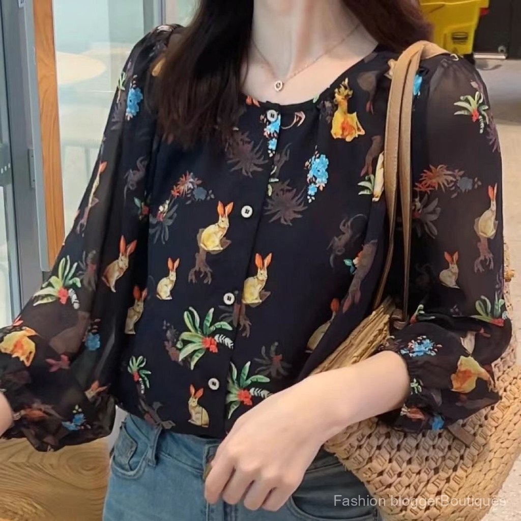 แฟชั่นแนะนำ เสื้อเชิ้ตแขนยาวผ้าชีฟองลายดอกไม้สำหรับผู้หญิง ฤดูใบไม้ผลิฤดูร้อน เสื้อแขนพองหลวมใหม่ทันสมัย