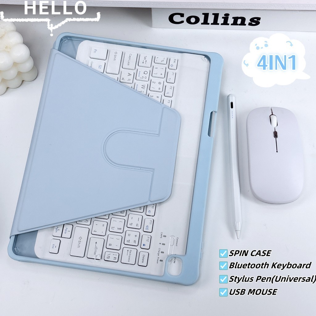 ใหม่ 4in1 เคสป้องกันหมุนได้ 360° Set  for air1/2/3/4/5คีย์บอร์ดภาษาไทย+เคสไอแพด+Stylus Pen+Wireless Mouse(Smartcase Set) ราคา ถูกที่สุด ดีลบีเคเค