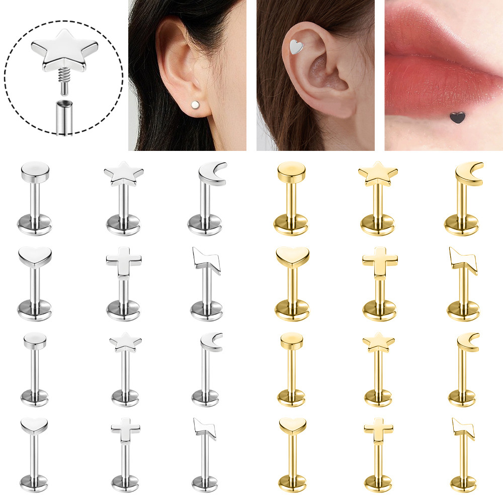 1PC 16G/18G Lip เจาะสแตนเลสต่างหู Love Heart ดาว Moon Labret เจาะ 8/10 มม. Helix กระดูกอ่อนเจาะต่างหู