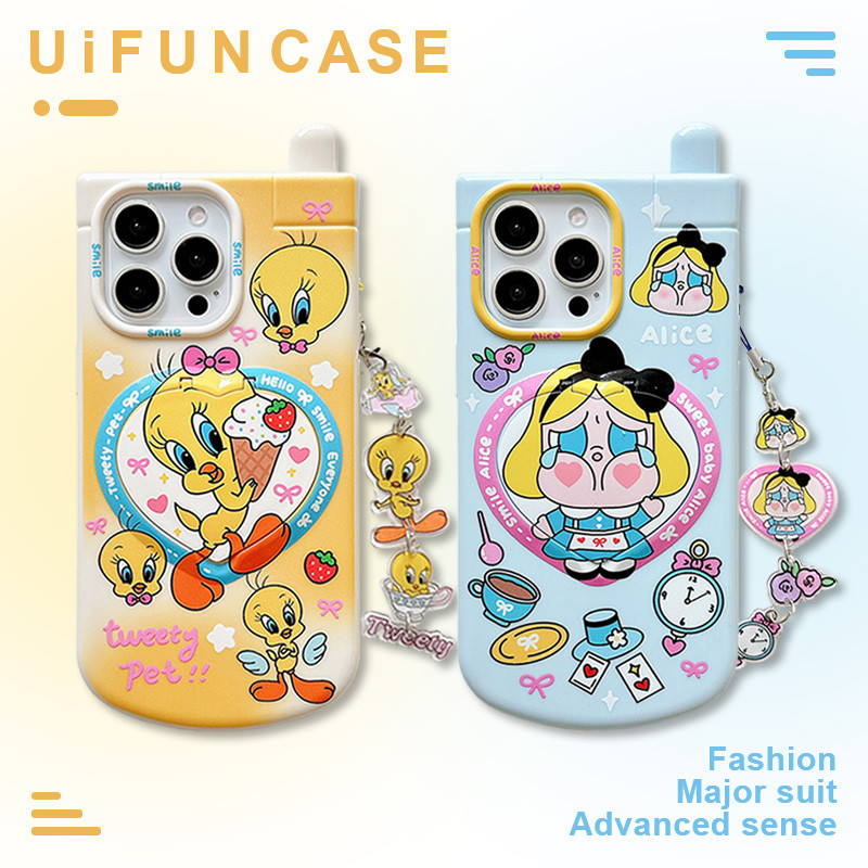 การ์ตูนทวิตตี้นกอลิซร้องไห้เด็กพลิกกระจกแต่งหน้ายืนกรณีโทรศัพท์เข้ากันได้สําหรับ ไอโฟน 16 15 14 13 12 มือโปร สูงสุด 11ที่มีโซ่ ทีพียู กันกระแทกปกหลังปลอก