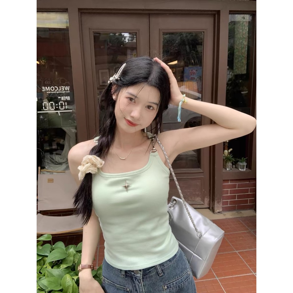 🍈ขายตรงจากโรงงาน🍋เสื้อกล้ามสีเขียวมิ้นต์ดีไซน์เก๋ไก๋สำหรับหน้าร้อน เสื้อกล้ามสั้นดีไซน์เก๋ไก๋สำหรับสาวฮอต