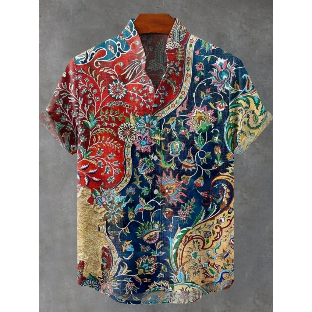 2025 เสื้อเชิ้ตแขนสั้นลายดอกไม้แมนดาลาผู้ชาย ฤดูร้อนวินเทจใหม่เสื้อเชิ้ตผ้าลินินผู้ชายแขนสั้นสันทนาการวันหยุด ถนน