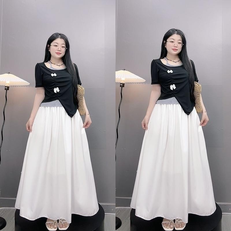 ชุดกระโปรงผู้หญิงไซส์ใหญ่เสื้อยืดคอปกโบว์ผสมกระโปรงยาว Muse -A278 + CV15