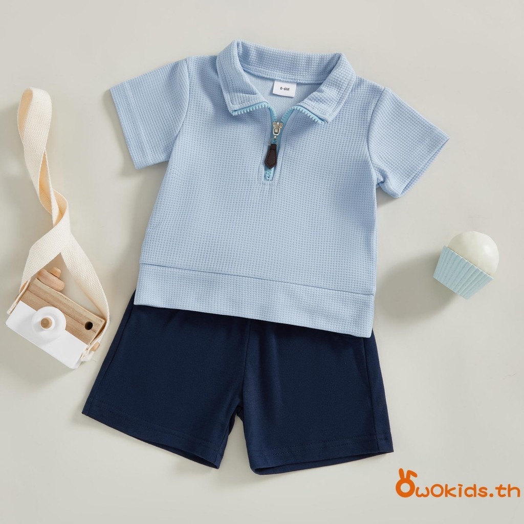 Toddler Boys ชุดฤดูร้อนสีทึบซิปอัพแขนสั้นวาฟเฟิลท็อปส์กางเกงขาสั้นเอวยางยืด 2 ชิ้นชุดเสื้อผ้า - รูปที่ 2