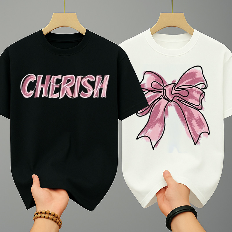 เสื้อยืดคู่รัก เสื้อยืดคอกลม-แขนสั้น เสื้อโบว์  ชุดคู่ พิมพ์ลายน่ารักๆสวยๆ  oversize t shirt แฟชั้น สีขาว-สีดำ