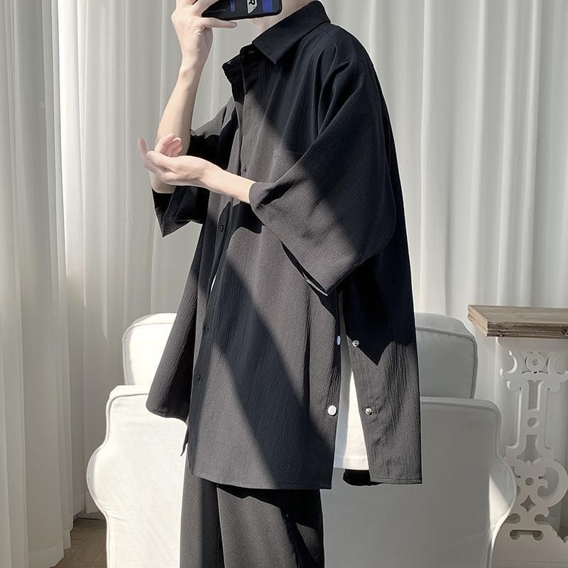 High-End Feeling เสื้อเชิ้ตแขนสั้นผู้ชายฤดูร้อน Breathable Quick-Drying หลวมอินเทรนด์ Ruffian หล่อหน้าอกแยกครึ่ง
