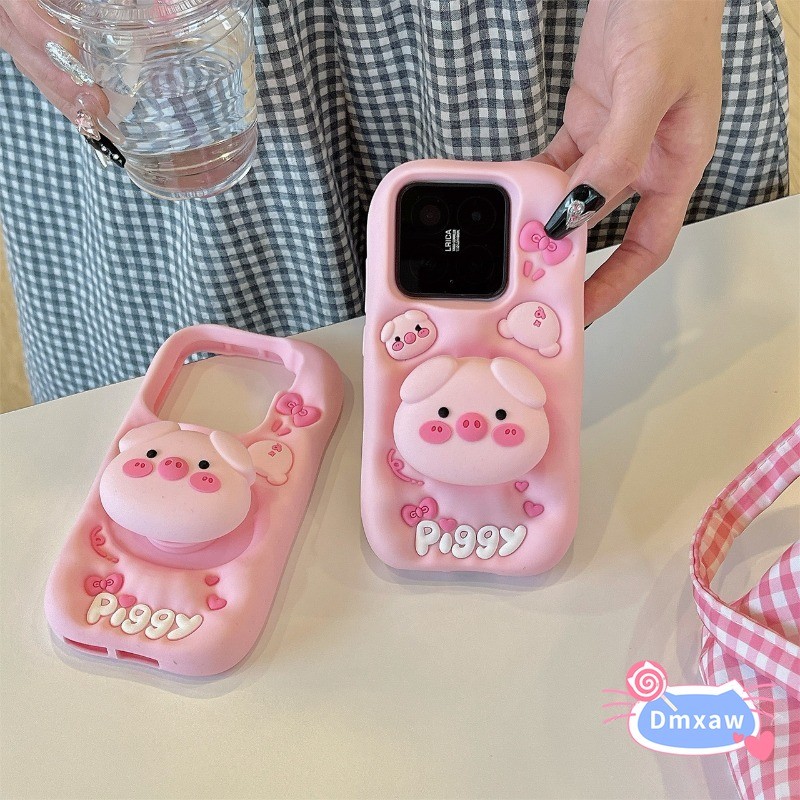 หมูสีชมพูยืนเคสโทรศัพท์สําหรับ OPPO Reno 14 13 ค้นหา X8 A97 A78 A53S A59 ปกน่ารัก 3D กันกระแทกปลอกซิลิโคนอ่อนนุ่ม