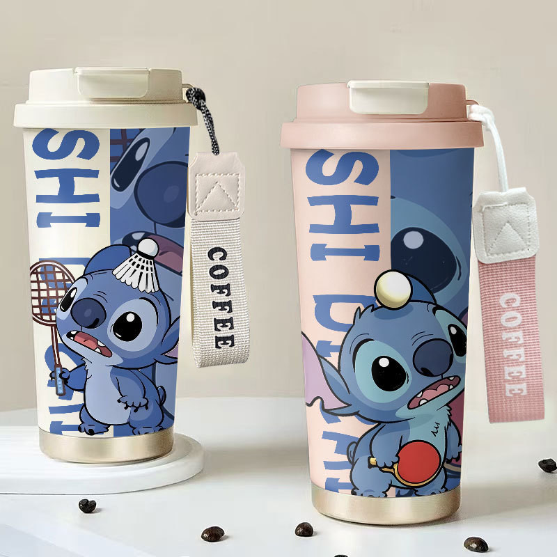 แก้วเก็บความร้อนสแตนเลส Stitch ความจุขนาดใหญ่ แก้วน้ำเย็น แก้วกาแฟ สายคล้องมือ แก้วเก็บความร้อนคุณภา