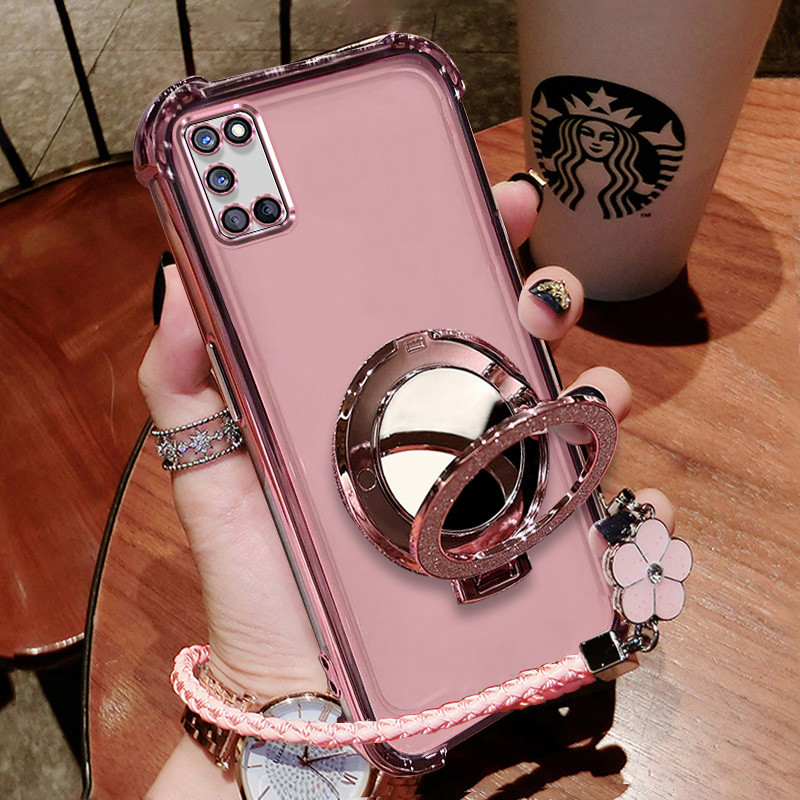 ปลอก OPPO A52 A92 สร้อยข้อมือ Clover โปร่งใสแวววาวหรูหราพร้อมขาตั้งกระจกแต่งหน้าเคสโทรศัพท์ SJSFDDR