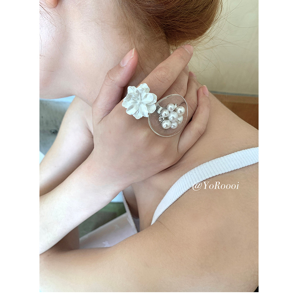 อิน สไตล์เกาหลี เปิดปรับไทเทเนียม เหล็กสีขาว สามมิติ การ์ดีเนีย แหวน มุกโปร่งใส หญิง