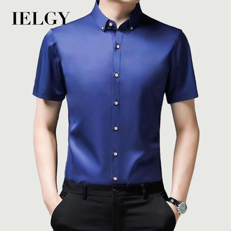 IELGY เสื้อเชิ้ตลําลอง คอปก แขนห้าส่วน สีพื้น แบบบาง สําหรับผู้ชาย
