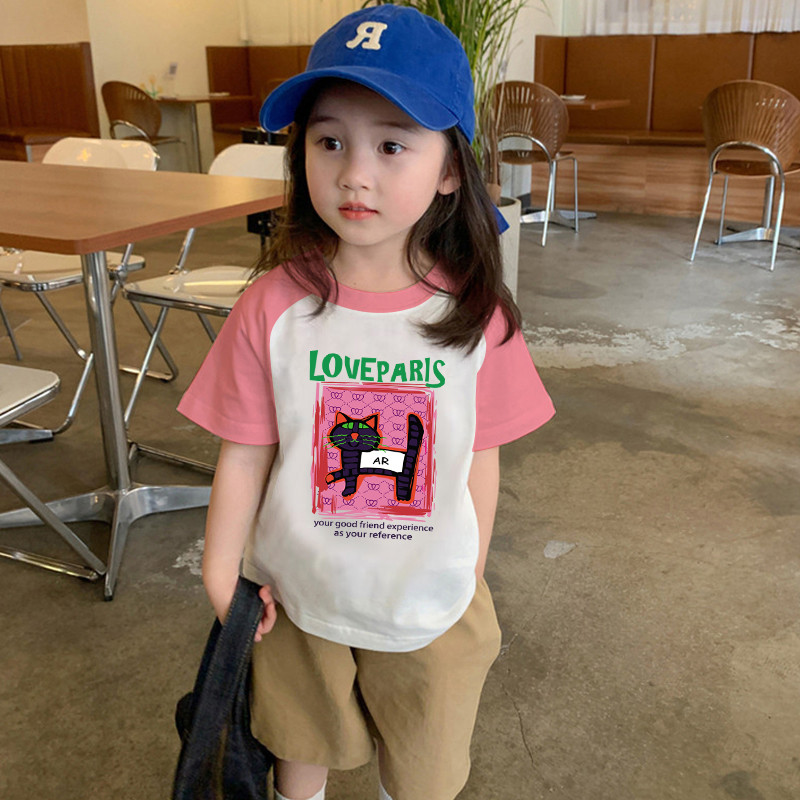 เกาหลี เด็กชายผู้หญิง เสื้อยืดผ้าคอตตอน 100% NJX0409 ลายทาง ตัวอักษร หลวม ลายสกรีน ฤดูร้อน สะกดสี เส