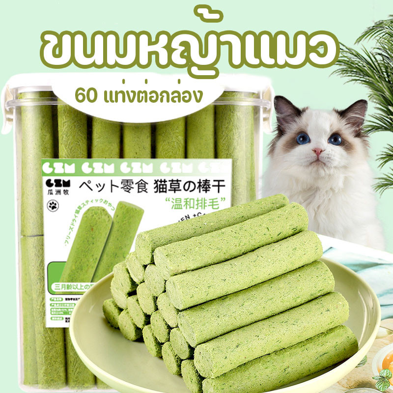 60 แท่งต่อกล่อง หญ้าแมวฟรีซดรายแห้งอัดแท่ง  ย่อยง่ายและดูดซึม ขนมสัตว์เลี้ยง หญ้าแมวฟรีซดราย