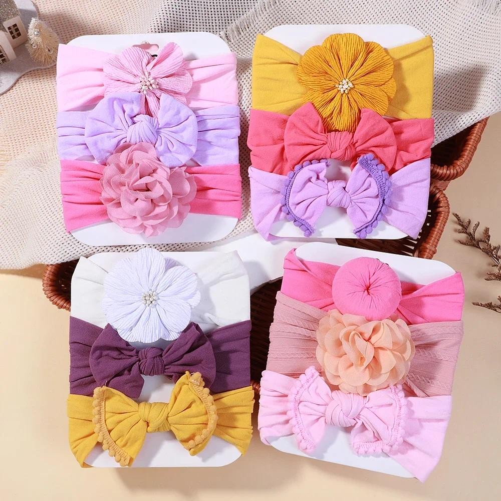3ชิ้น/เซ็ตหวาน หลากสี ดอกไม้ใหญ่กุทัณฑ์คาดศีรษะสําหรับเด็กทารกไนล่อนผ้าโพกหัววงผมยืดหยุ่นทารกแรกเกิดอุปกรณ์ผม