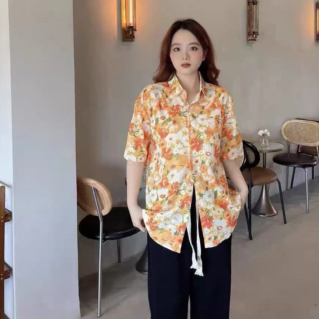 เสื้อฮาวายผู้หญิง ลายดอก สีส้ม ผ้าไหมอิตาลี thumbnail 3