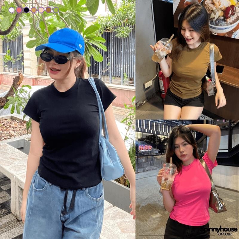 เสื้อยืดรัดรูป คอกลมแขนสั้น ผ้ายืดยูนิ สาวอวบใส่ได้ เก็บทรงหุ่นดีมาก พรางหุ่น เสื้อเบบี้ที เบสิคลุค พร้อมส่งทุกสี รุ่น
