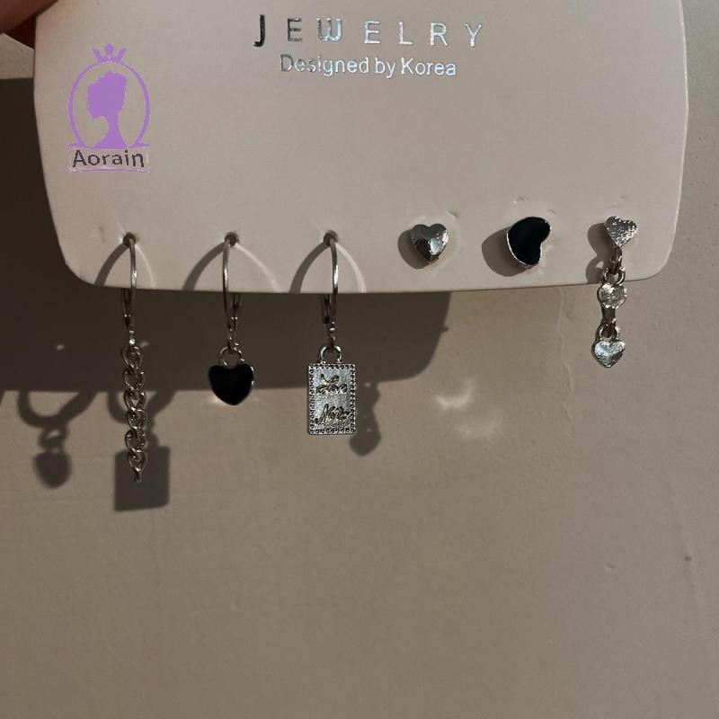 # ANTH # 6 ชิ้น Y2K ต่างหูหัวใจสีดําชุดสําหรับผู้หญิงสาว Vintage Aesthetic Studs เครื่องประดับอินเทร
