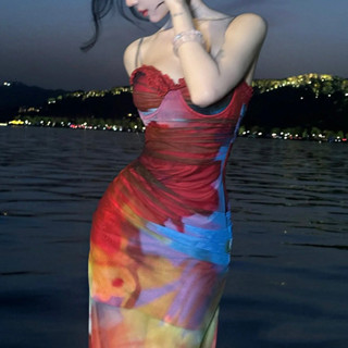 ชุดเดรสสลิปเซ็กซี่พรินต์ลายสำหรับผู้หญิง