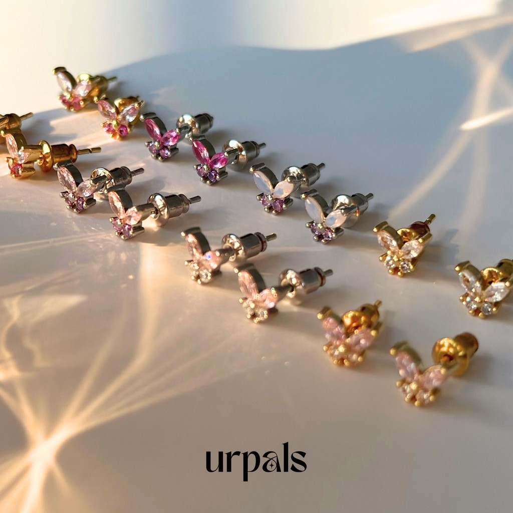 URPALS ต่างหูผีเสื้อ ตัวเรือนทองแดง ฝังเพชร CZ เกรด AAA สีพาสเทล แพ้ง่ายใส่ได้ ทนน้ำ ทนเหงื่อได้ดี