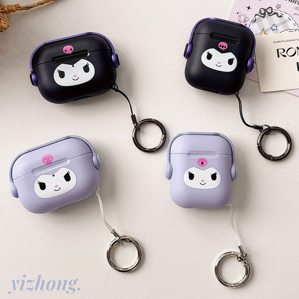 เคสหูฟังสําหรับ แอร์พอด 4 มือโปร 3 2 1 ของผู้หญิง การ์ตูนสีดําสีม่วง คุโรมิ รูปแบบกันกระแทกหูฟังไร้สายฝาครอบป้องกันเชลล์ที่มีขาตั้งป้องกันการสูญหายแหวนจี้