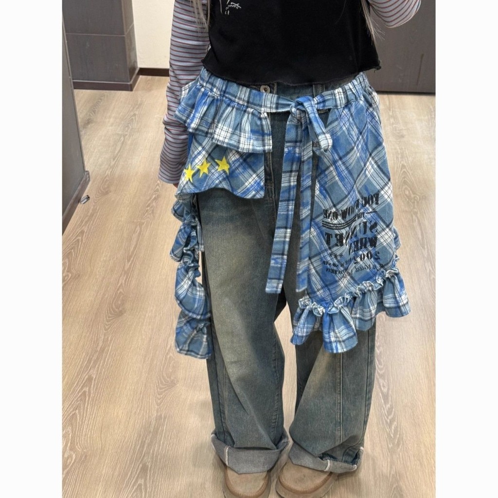 N-Yoda ใหม่ผู้หญิงไม่สม่ําเสมอกระโปรงลายสก๊อตพิมพ์ Star Laced-Up กระโปรง