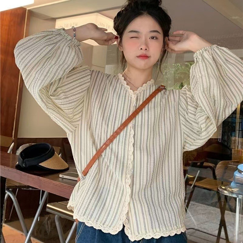 FY-เสื้อสุภาพสตรี แถบ ขอบลูกไม้ แขนยาว ประเภทรุ่นหลวม สดชื่น หวาน วรรณกรรมและศิลปะ แฟชั่นฤดูร้อน เวอร์ชั่นเกาหลี