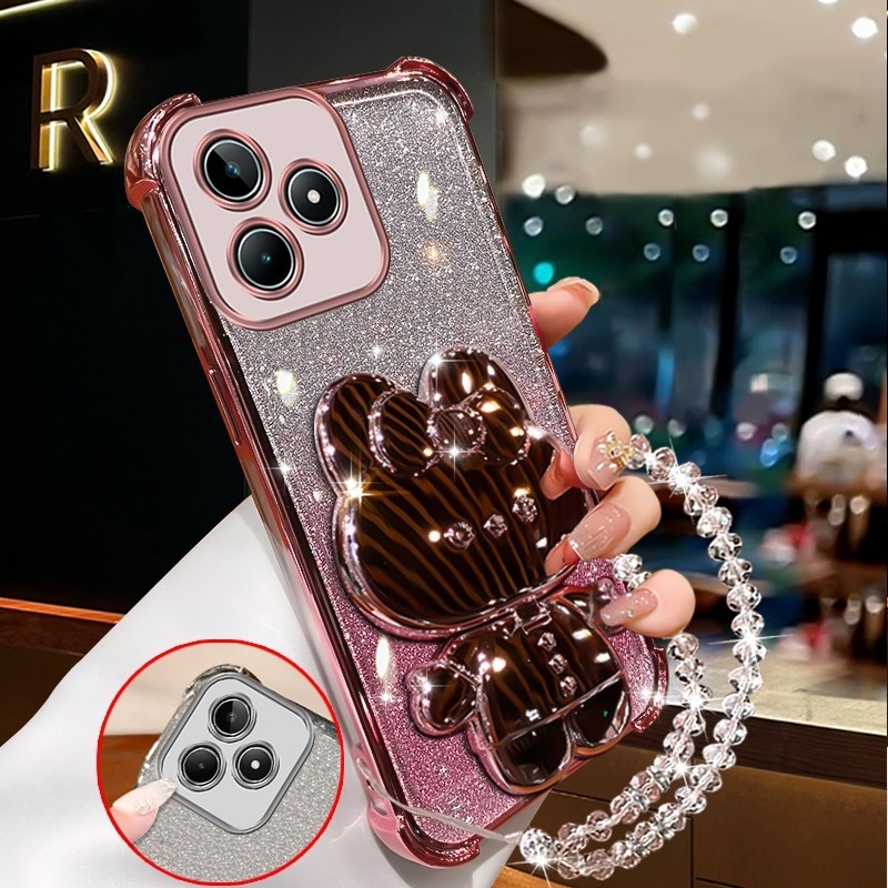 สําหรับRealme C53 5G c51 Realme note 50 5G Soft Clearสี่มุมหนาชุบซิลิโคนเคสโทรศัพท์กระต่ายกระจกแต่งหน้าพร้อมที่วางซิลิโคนกรณีXXXDA