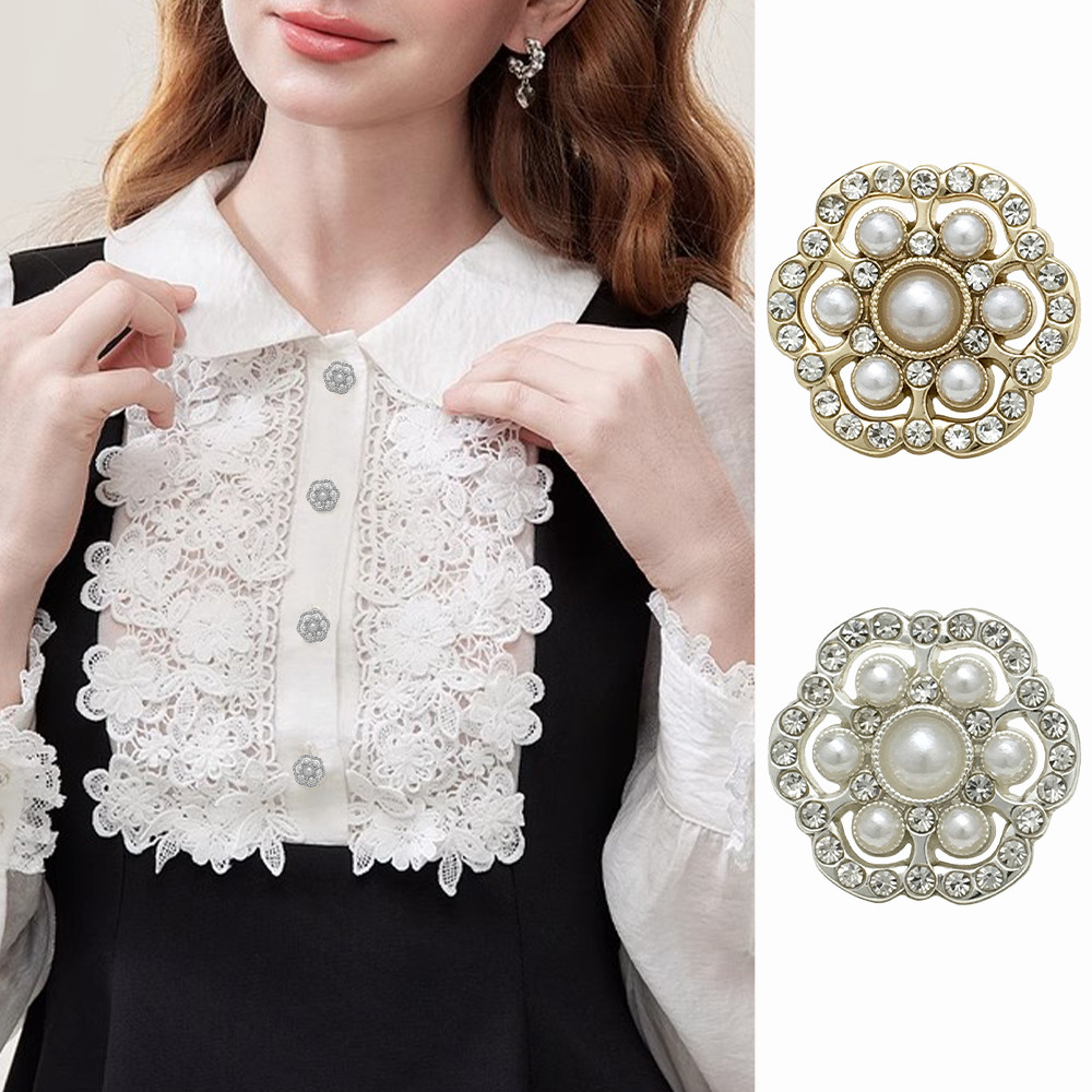 10ชิ้น พลอยเทียม มุกกลวง ปุ่มโลหะ ขนาด1.5/2ซม., ปุ่มสำหรับเสื้อและชุดจักรเย็บผ้า, สีทอง/เงิน, อุปกรณ์ตกแต่งเสื้อผ้าพรีเมี่ยม