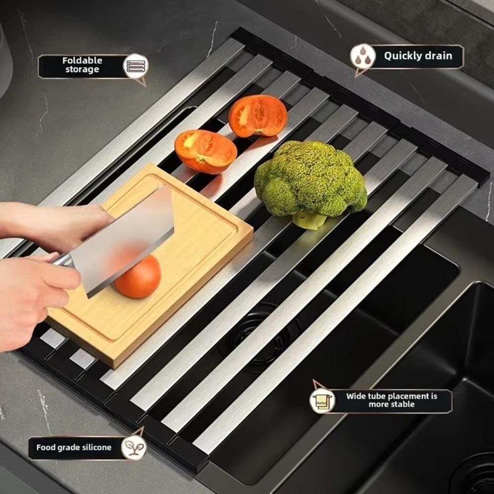 บรีส ชั้นเก็บจาน,พับ304สแตนเลสอ่างล้างจานชั้นวางท่อระบายน้ํา,ม้วนขึ้นมัลติฟังก์ชั่หดท่อระบายน้ําตะกร้าครัว - รูปที่ 6