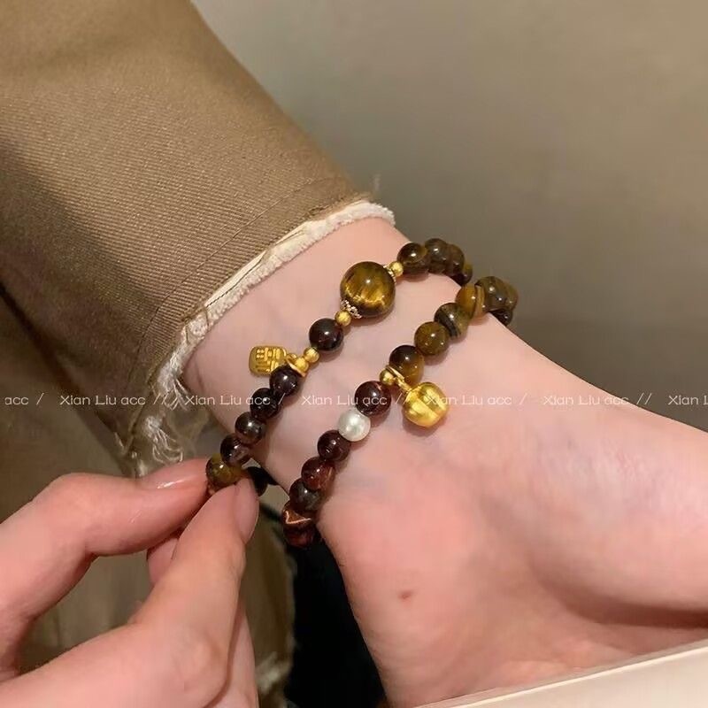 สร้อยข้อมือลูกปัดหินตาเสือสีเหลืองเทียมวินเทจสำหรับผู้หญิง อุปกรณ์เสริมที่ทําด้วยมือ