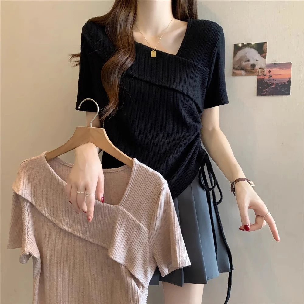[เสื้อยืด ขนาดใหญ่เกินไป] (40-120กิโลกรัม) ฝรั่งเศสเสื้อลําลองผู้หญิงขนาดบวกฤดูร้อนท็อปส์แฟชั่นไม่สมมาตรแขนสั้นสายรัดเสื้อยืด