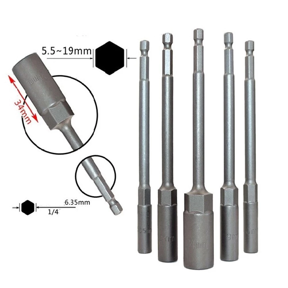 5 PC 8-14 มม.ยาวไฟฟ้าเจาะ SOCKET HEAD Bolt NUT DRIVER Bit Impact เจาะ Bits อะแดปเตอร์ซ็อกเก็ตประแจ EXTENSION Bar 150 มม.