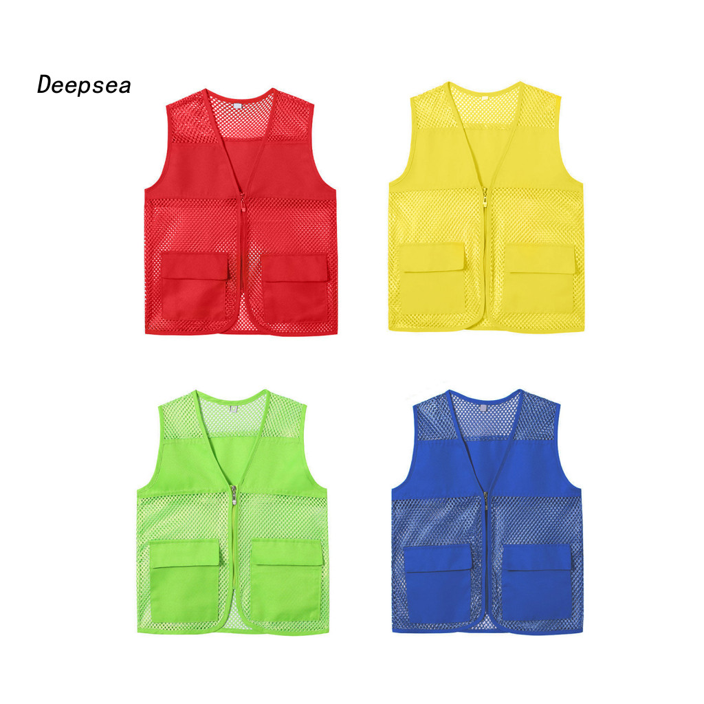 DPA Hollow Out Zipper Placket กระเป๋าคู่ V คอทํางานเสื้อกั๊กอาสาสมัครสีสดใสหลวม Fit Unisex