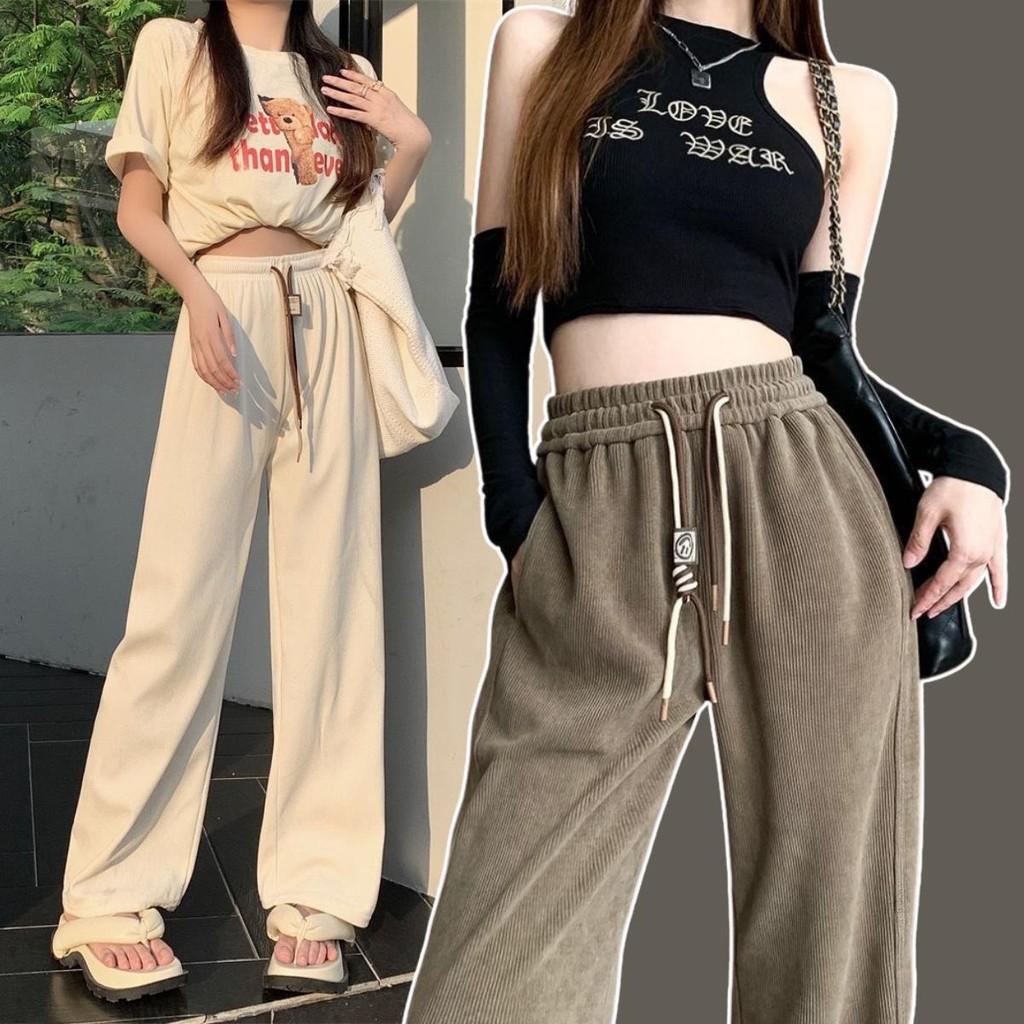 กางเกงขายาวลูกฟูกสีพื้น เอวยางยืด ไม่มีกระเป๋าข้าง ใส่สบาย ทรงสวย แมทช์ง่าย 👖✨กางเกงขายาว แฟชั่น