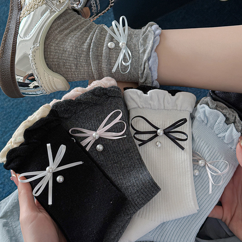 สไตล์บัลเล่ต์ Bubble ถุงเท้าหลวมฤดูร้อนบาง Miu Bow Pearl แบบกลางหลอดหวาน Lolita เจ้าหญิง