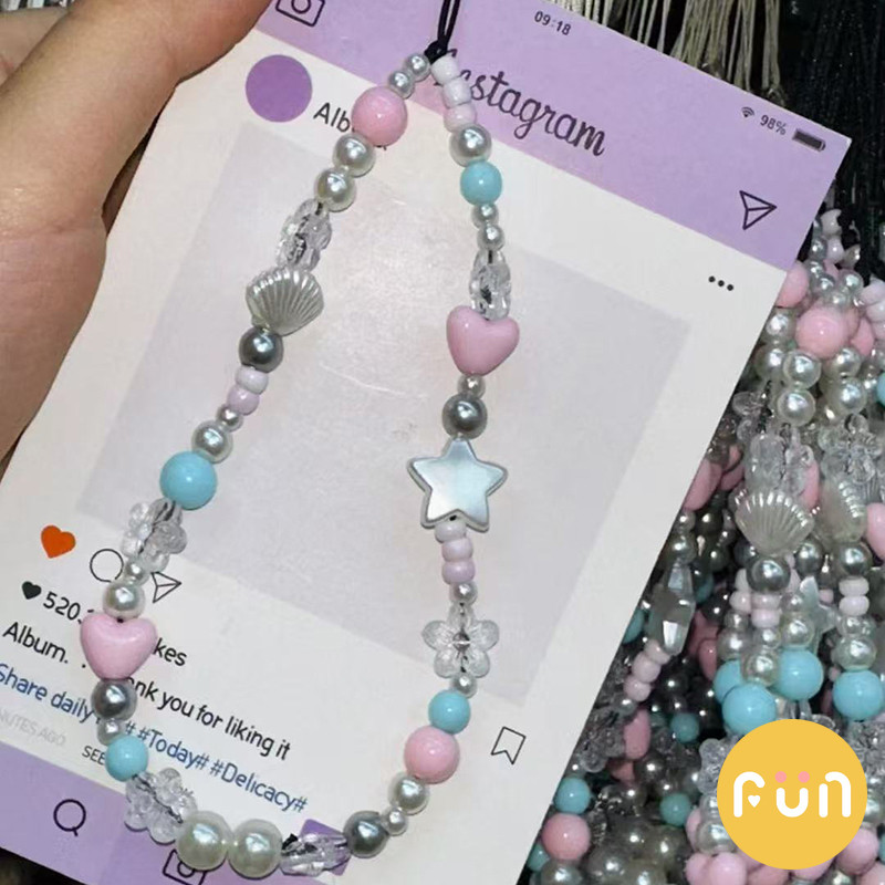 อิน สีชมพูหัวใจรักเปลือกหอยลูกปัดสากลโซ่โทรศัพท์มือถือกล้องเชือกเส้นเล็กอุปกรณ์ตกแต่งสายรัดข้อมือป้องกันการสูญหายพวงกุญแจ - รูปที่ 3