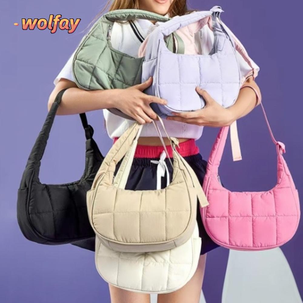 YOLANDA กระเป๋าใต้วงแขน, กระเป๋าถือกันน้ําไนลอน, ความจุขนาดใหญ่ร้อนพร้อมสายปรับได้ Puffy Puffer กระเป๋าสะพายของขวัญ