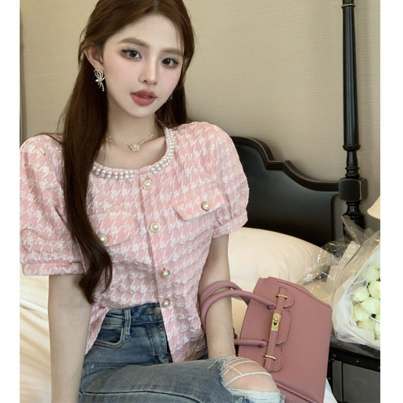 ฤดูร้อน ซอก ฝรั่งเศสย้อนยุคออกแบบรอบคอพัฟแขนเสื้อด้านบนอ่อนโยนสาวหวาน เสื้อผ้าผู้หญิงสไตล์ใหม่ 2023