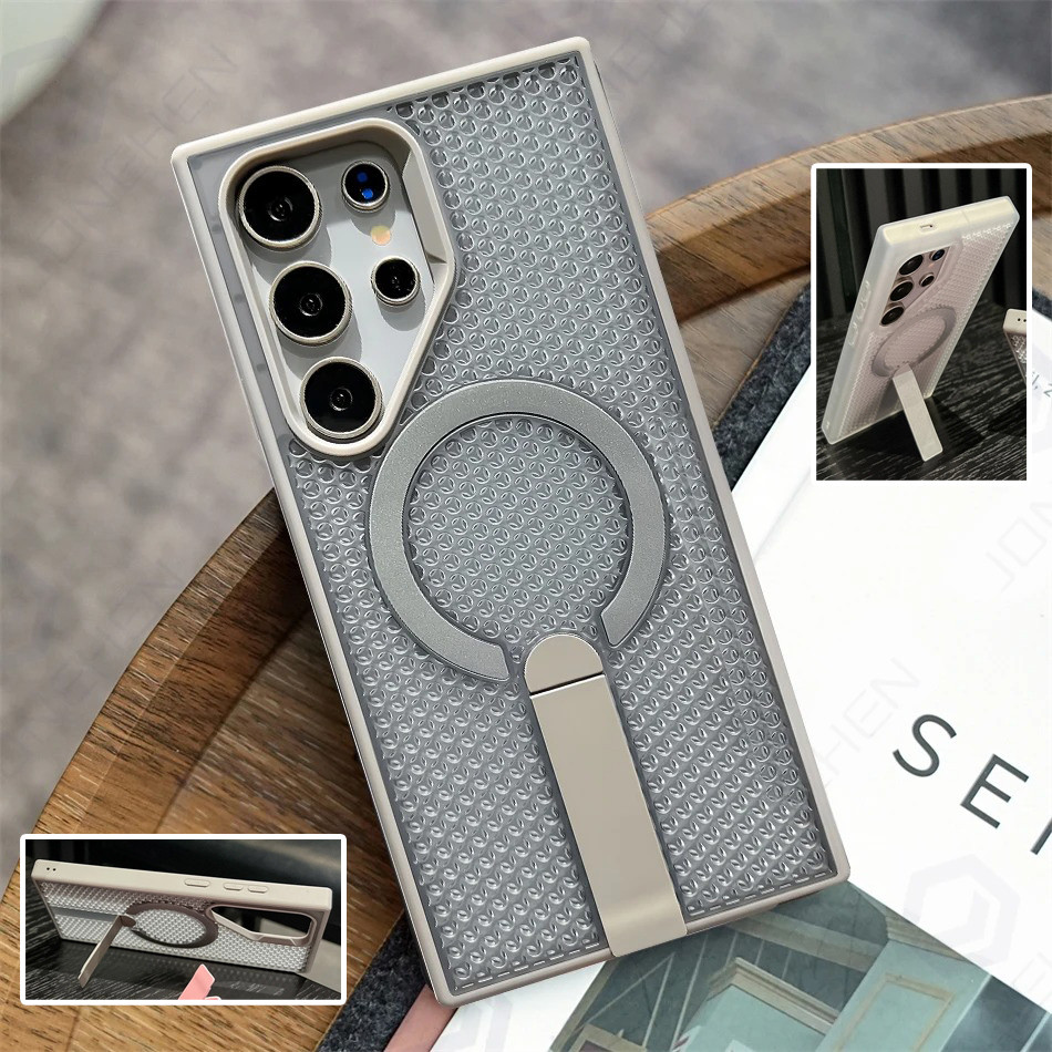 Samsung S24 FE/S23/S25 Ultra Plus/S25 Edge အတွက် အပူလျှော့ + သိုလှောင်ခုံ/ခေါက်ထိုင်ခုံပါ မက်ဂနက်ရှ် ကြိုးမဲ့အားသွင်းနိုင်တဲ့ Case (Breathable Cover)