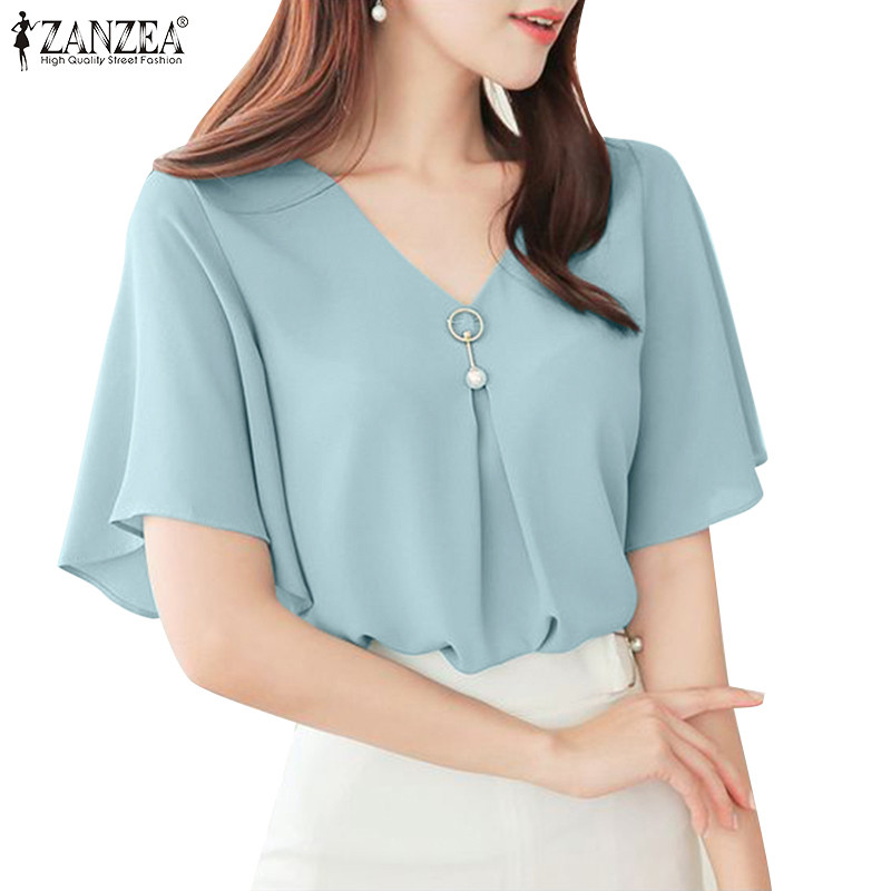 ZANZEA เสื้อเบลาส์คอวีแขนสั้นสํานักงานเกาหลีแฟชั่นสตรี