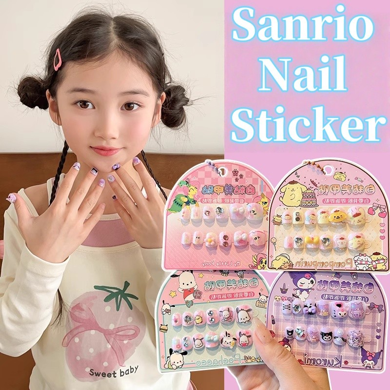 SANRIO สติ๊กเกอร์ติดเล็บซานริโอ Kuromi Melody Cinnamoroll ของขวัญวันเกิดระดับพรีเมียมของเด็กผู้หญิงสติกเกอร์เล็บกันน้ําการ์ตูน Pom Pom Purin เด็กใหม่สวมใส่เล็บแพทช์ที่ถอดออกได้