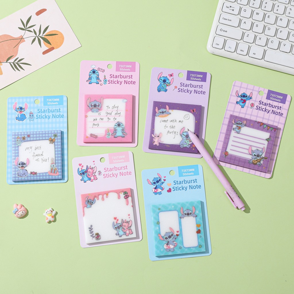 Ossayi Kawaii Stitch Sticky Notes 50 แผ่น Self-กาว Shimmer Memo Pad สติกเกอร์ป้ายโรงเรียนอุปกรณ์สํานักงานเครื่องเขียน