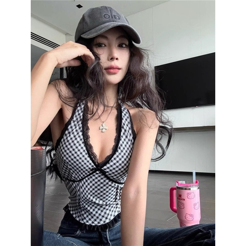 แฟชั่นผู้หญิงล่าสุด เสื้อกล้ามลายตารางลูกไม้โบว์สำหรับผู้หญิง เสื้อชั้นในฤดูร้อน คอห้อย ทรงเข้ารูป E