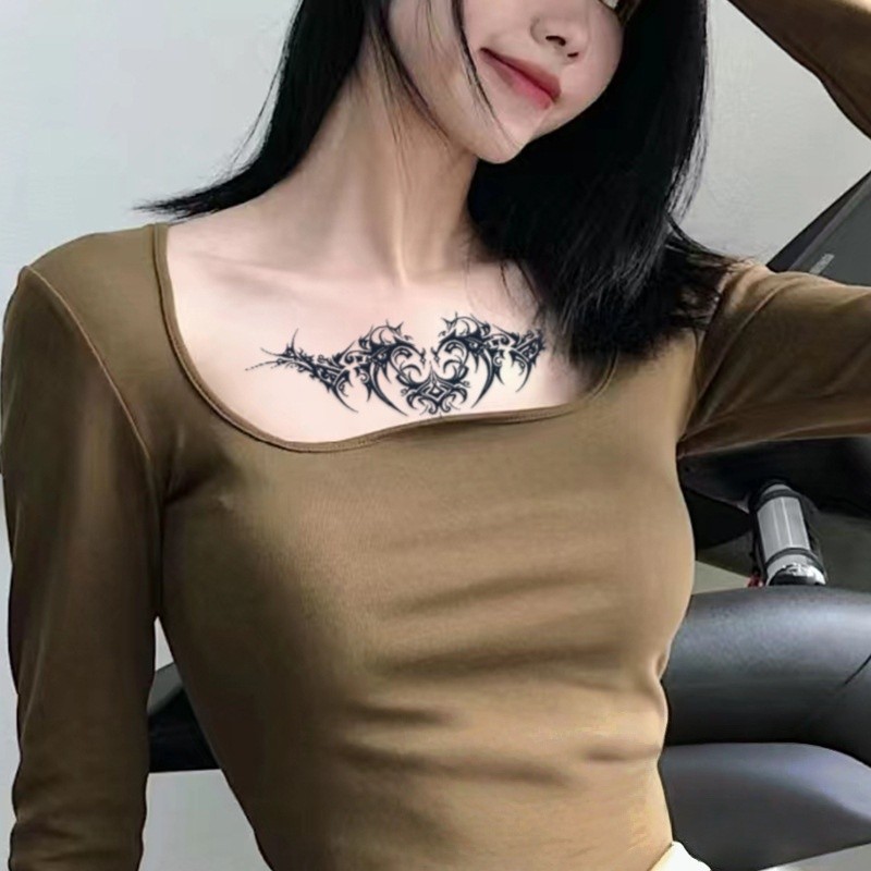 สีดําเพชรรูปแบบสักสาวเซ็กซี่กระดูกไหปลาร้าพืชสักสติกเกอร์รอยสักกันน้ํายาวนาน15วันสติกเกอร์ผิวชั่วคราวสักปลอม - รูปที่ 4