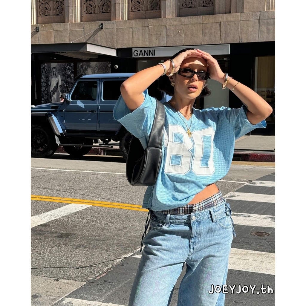 JOEYJOY-ผู้หญิงเสื้อยืดคอวีแขนสั้นตัวเลขพิมพ์เสื้อหลวมฤดูร้อนสําหรับลําลองทุกวัน