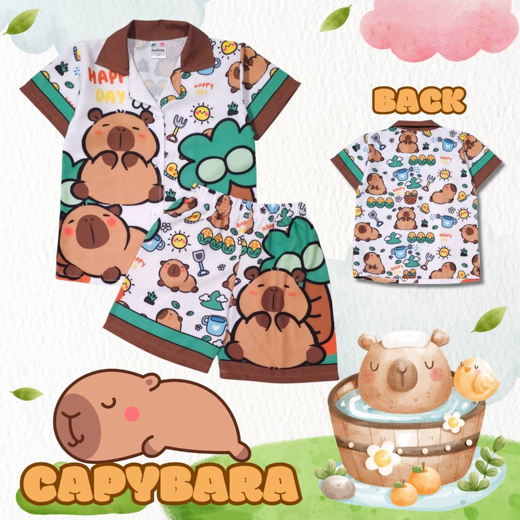 ZOO0771#5 ชุดเด็ก เซ็ตเสื้อฮาวาย+กางเกงขาสั้น ผ้าไหมอิตาลี ลายการ์ตูน คาปิบาร่า เสื้อผ้าเด็กแฟชั่น ชุดเที่ยวทะเล