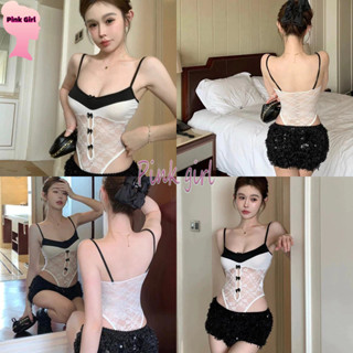 💋Pink girl💋เสื้อบอดี้สูท รัดรูป ดีเทลลายลูกไม้ขาวดำเซ็กซี่เบ…